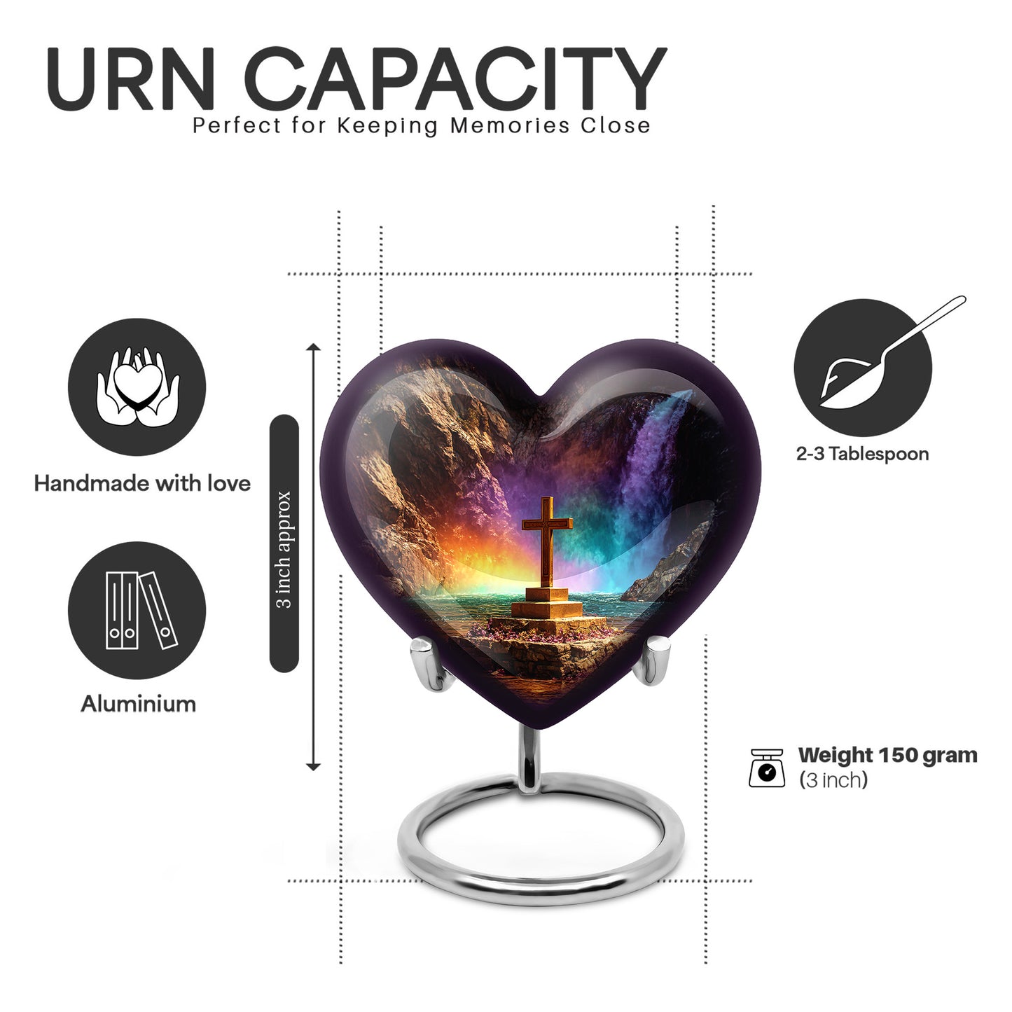 Obsidian Black Cross Cremation Urn front view showing detailed design - romantic heart urn with cross motif on aluminum - mini keepsake memorial for portion of cremation ashes