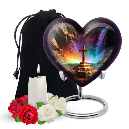Charcoal Black Cross Cremation Urn detail view - compassionate heart-cross combination with gentle curves - full-size 10 inch 200 cubic inch adult cremation urn