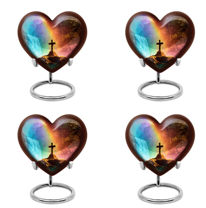 Grape Purple Cross Cremation Urn angled view of lid and engraved motif - romantic heart urn with cross motif on aluminum - 10 inch aluminum urn for cremated remains