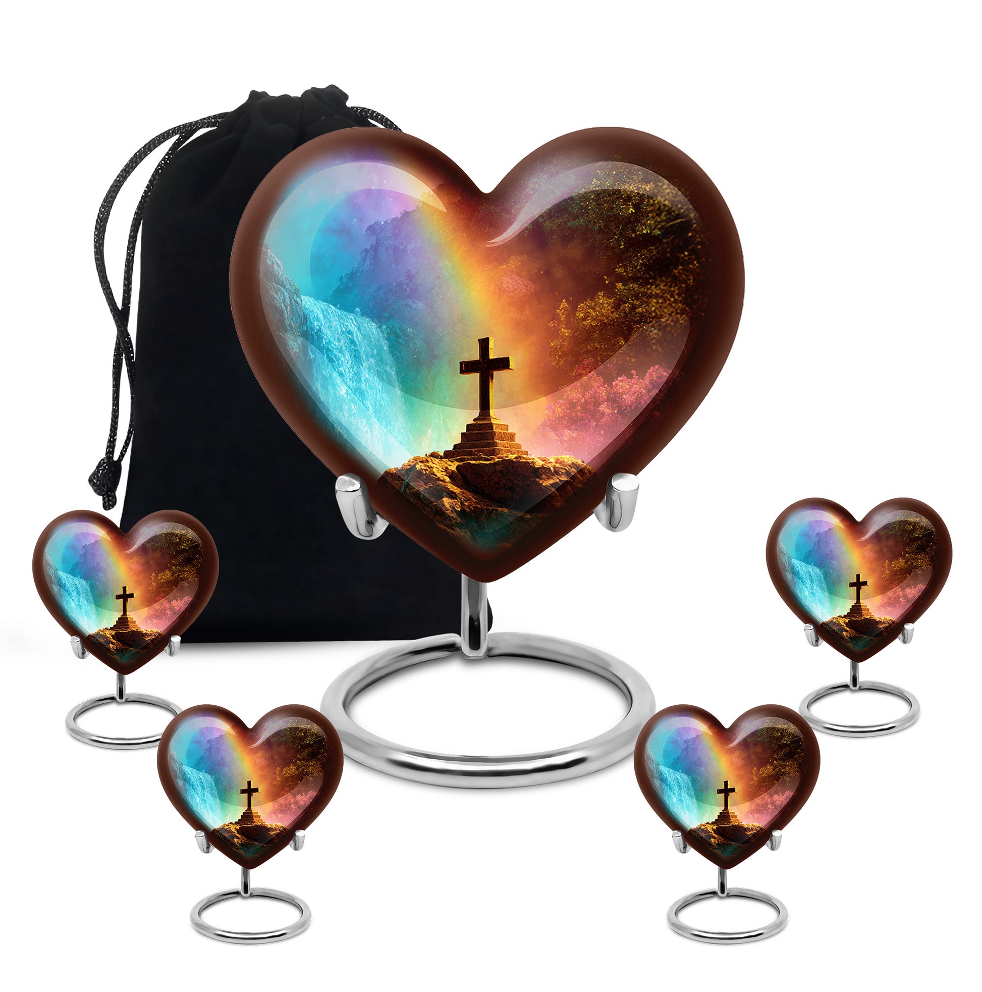 Royal Purple Cross Cremation Urn close-up of engraving and surface detail - romantic heart urn with cross motif on aluminum - memorial set with one large and four small urns