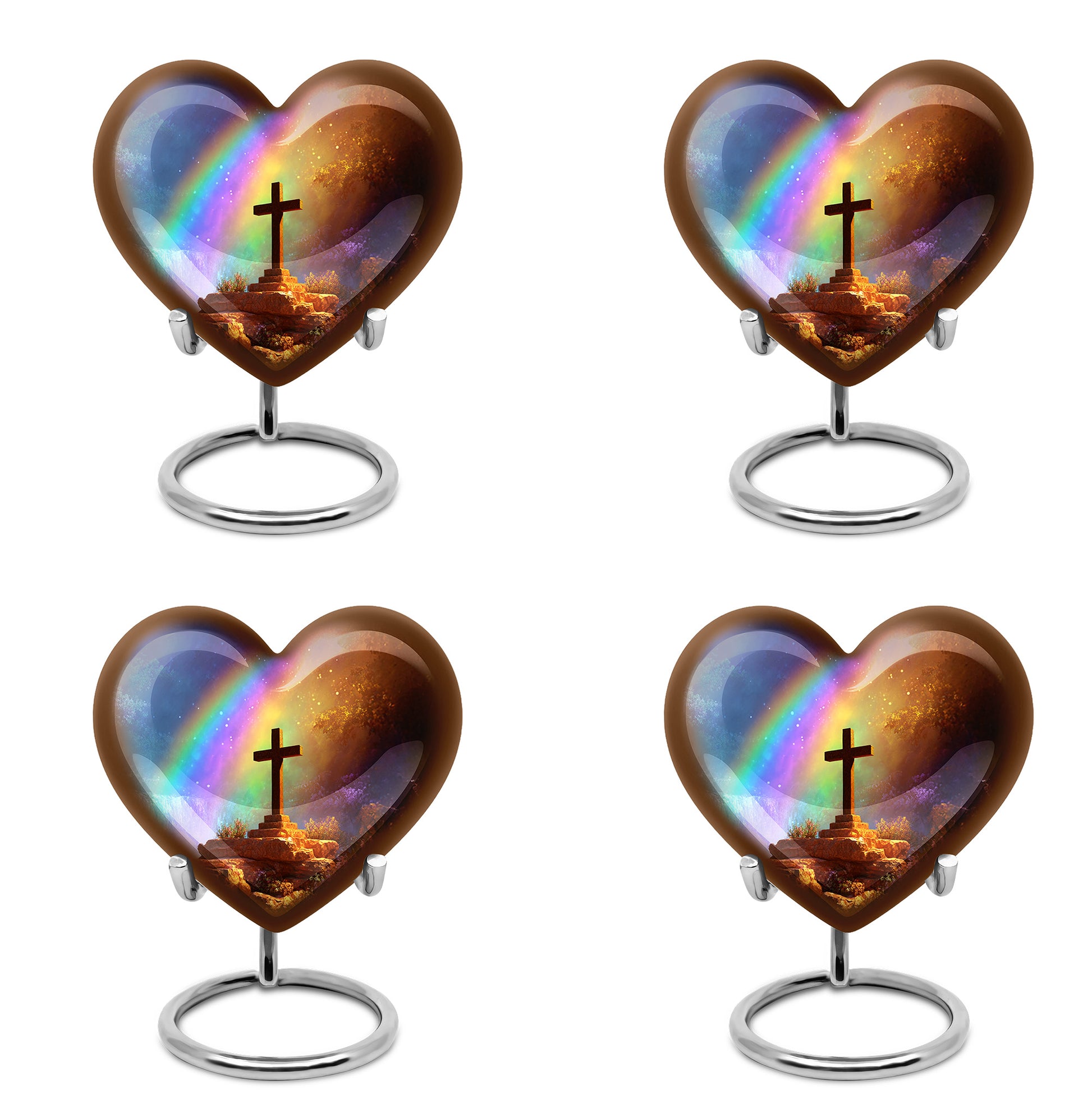 Pastel Pink Cross Cremation Urn angled view of lid and engraved motif - loving heart memorial featuring cross pattern - 10 inch aluminum urn for cremated remains