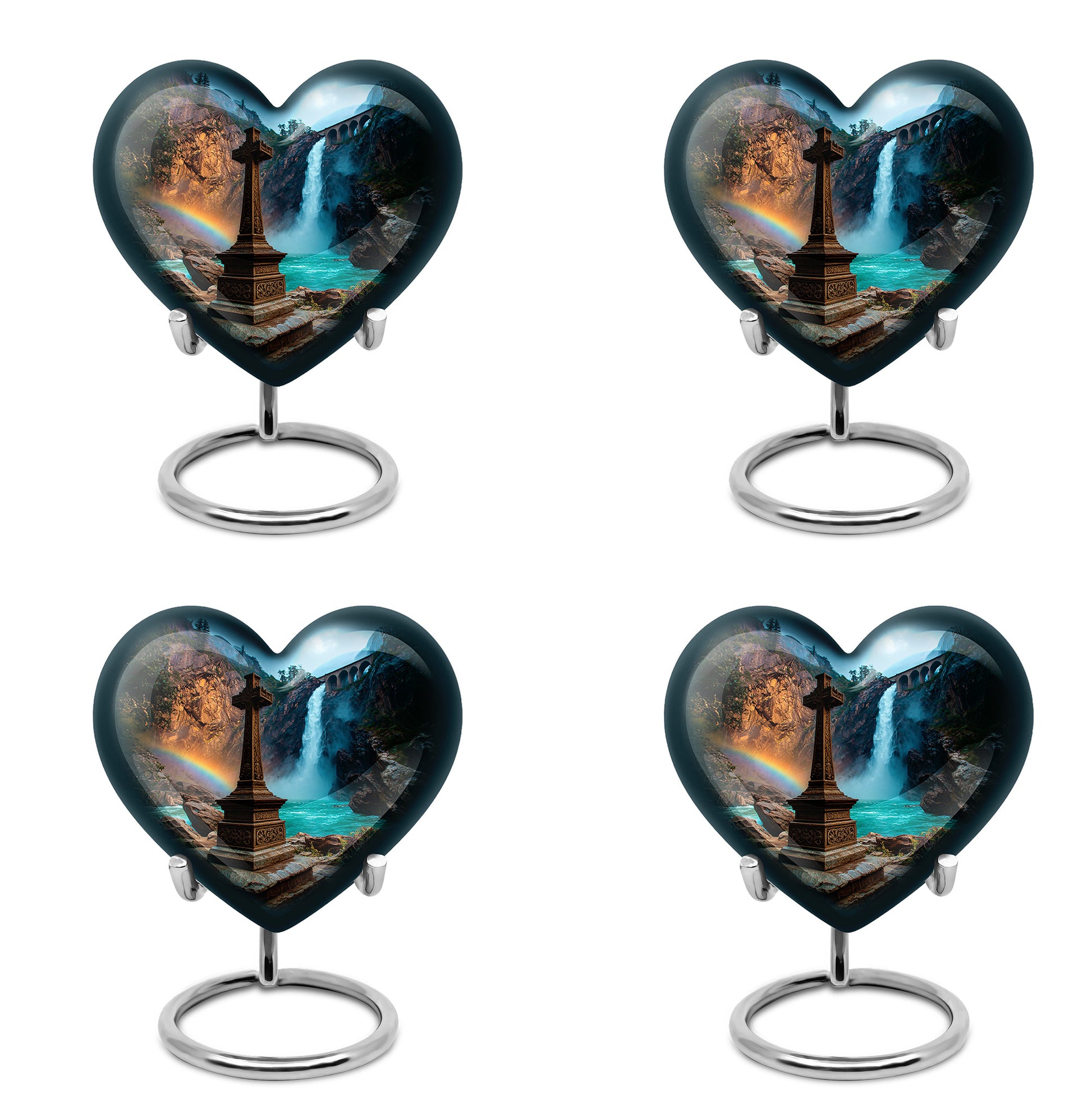 Icy Blue Cross Cremation Urn angled view of lid and engraved motif - loving heart memorial featuring cross pattern - 10 inch aluminum urn for cremated remains