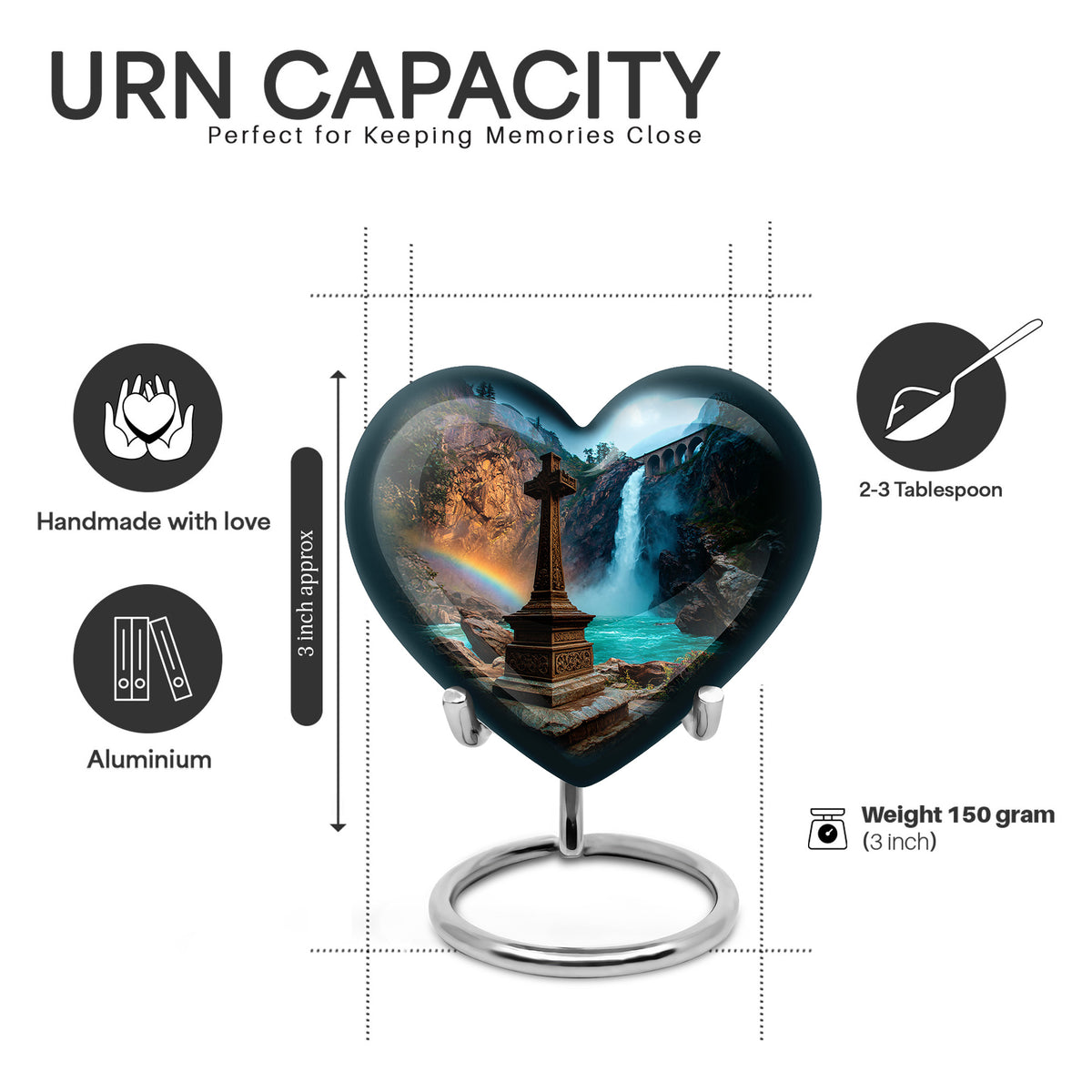 Twilight Blue Cross Cremation Urn front view showing detailed design - romantic heart urn with cross motif on aluminum - mini keepsake memorial for portion of cremation ashes