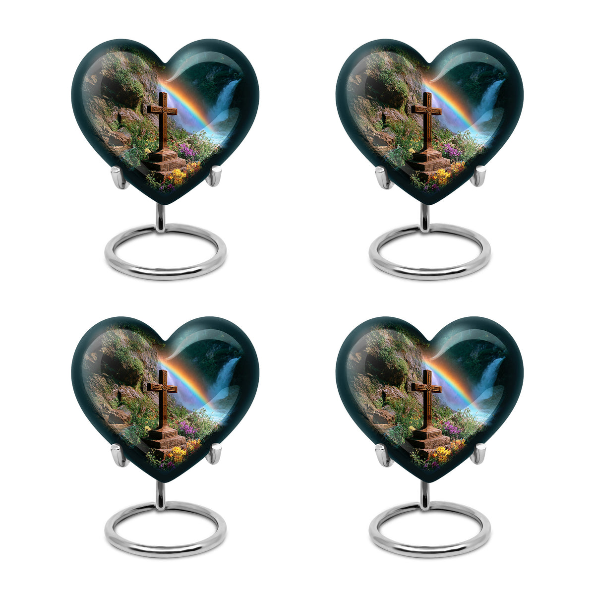 Pine Green Cross Cremation Urn angled view of lid and engraved motif - compassionate heart-cross combination with gentle curves - 10 inch aluminum urn for cremated remains