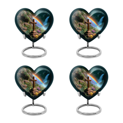 Pine Green Cross Cremation Urn angled view of lid and engraved motif - compassionate heart-cross combination with gentle curves - 10 inch aluminum urn for cremated remains