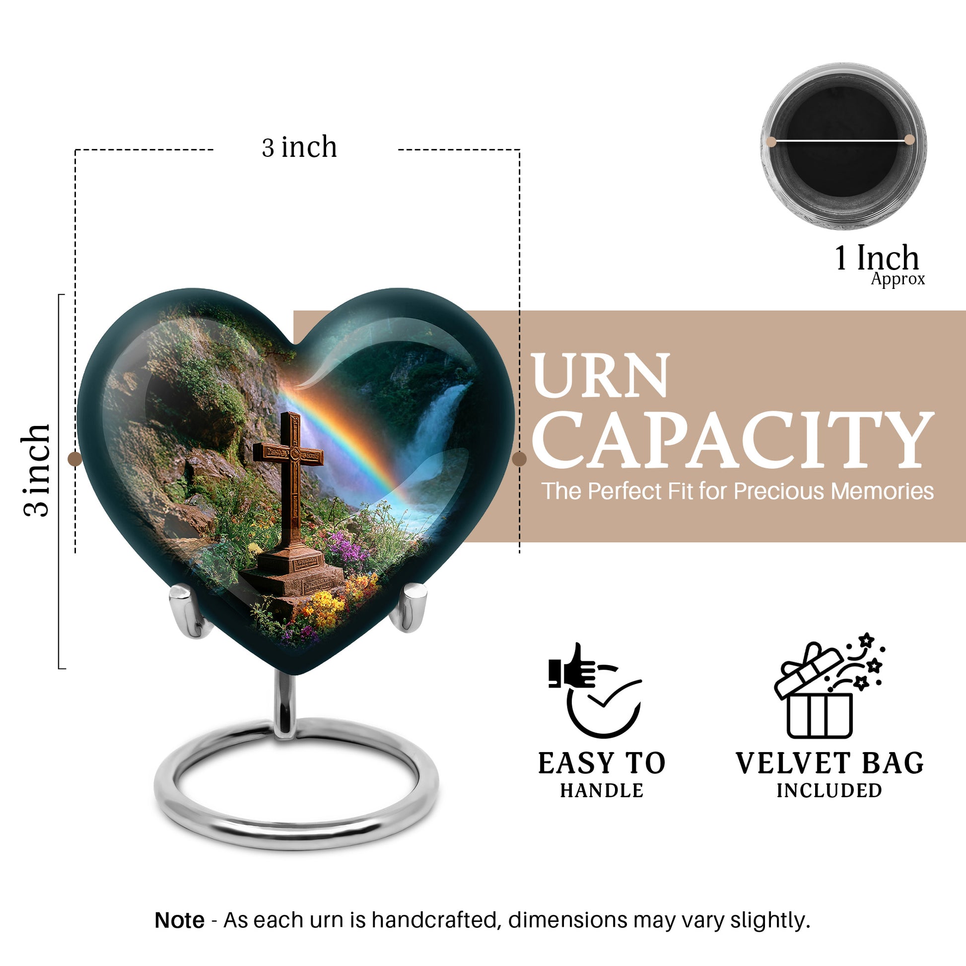 Emerald Green Cross Cremation Urn front view showing detailed design - loving heart memorial featuring cross pattern - mini keepsake memorial for portion of cremation ashes