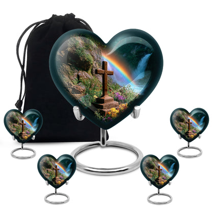 Olive Green Cross Cremation Urn close-up of engraving and surface detail - romantic heart urn with cross motif on aluminum - memorial set with one large and four small urns