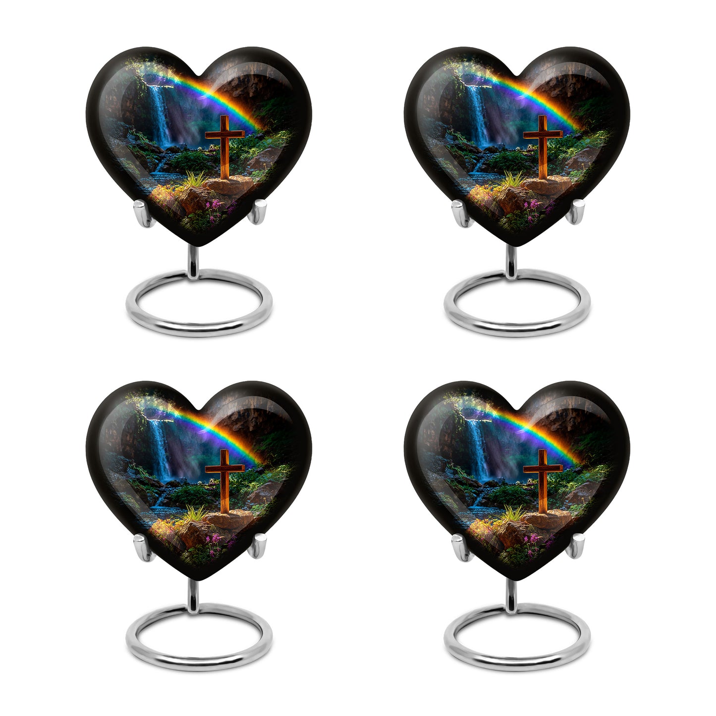 Jet Black Cross Cremation Urn angled view of lid and engraved motif - loving heart memorial featuring cross pattern - 10 inch aluminum urn for cremated remains