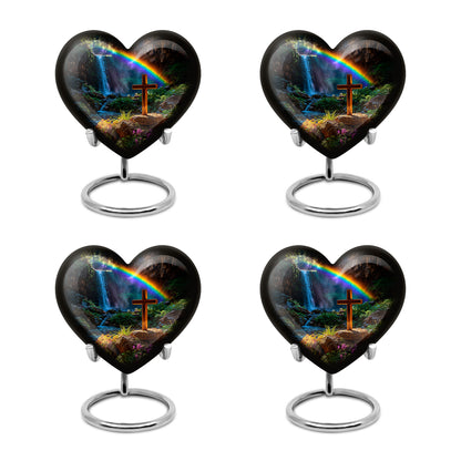 Jet Black Cross Cremation Urn angled view of lid and engraved motif - loving heart memorial featuring cross pattern - 10 inch aluminum urn for cremated remains