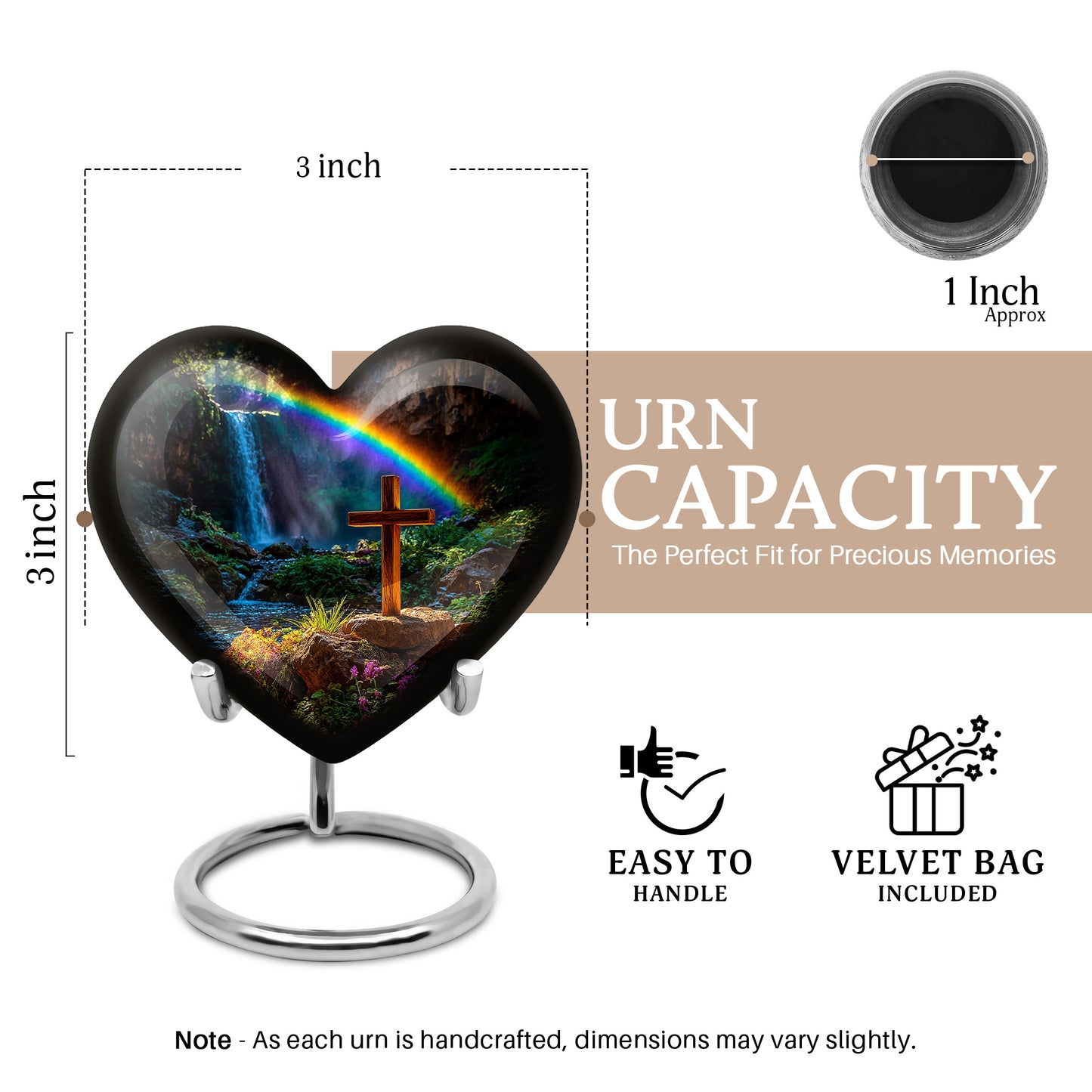 Rich Black Cross Cremation Urn front view showing detailed design - loving heart memorial featuring cross pattern - mini keepsake memorial for portion of cremation ashes