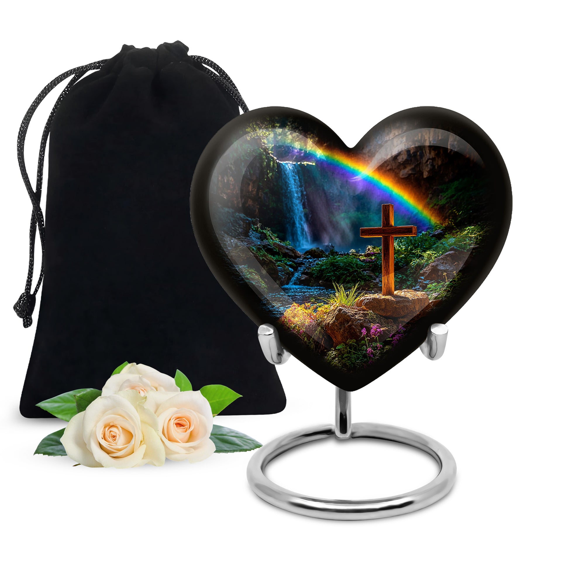 Midnight Black Cross Cremation Urn detail view - romantic heart urn with cross motif on aluminum - full-size 10 inch 200 cubic inch adult cremation urn