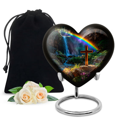 Midnight Black Cross Cremation Urn detail view - romantic heart urn with cross motif on aluminum - full-size 10 inch 200 cubic inch adult cremation urn