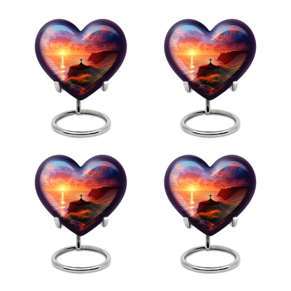 Azure Cross Cremation Urn angled view of lid and engraved motif - loving heart memorial featuring cross pattern - 10 inch aluminum urn for cremated remains