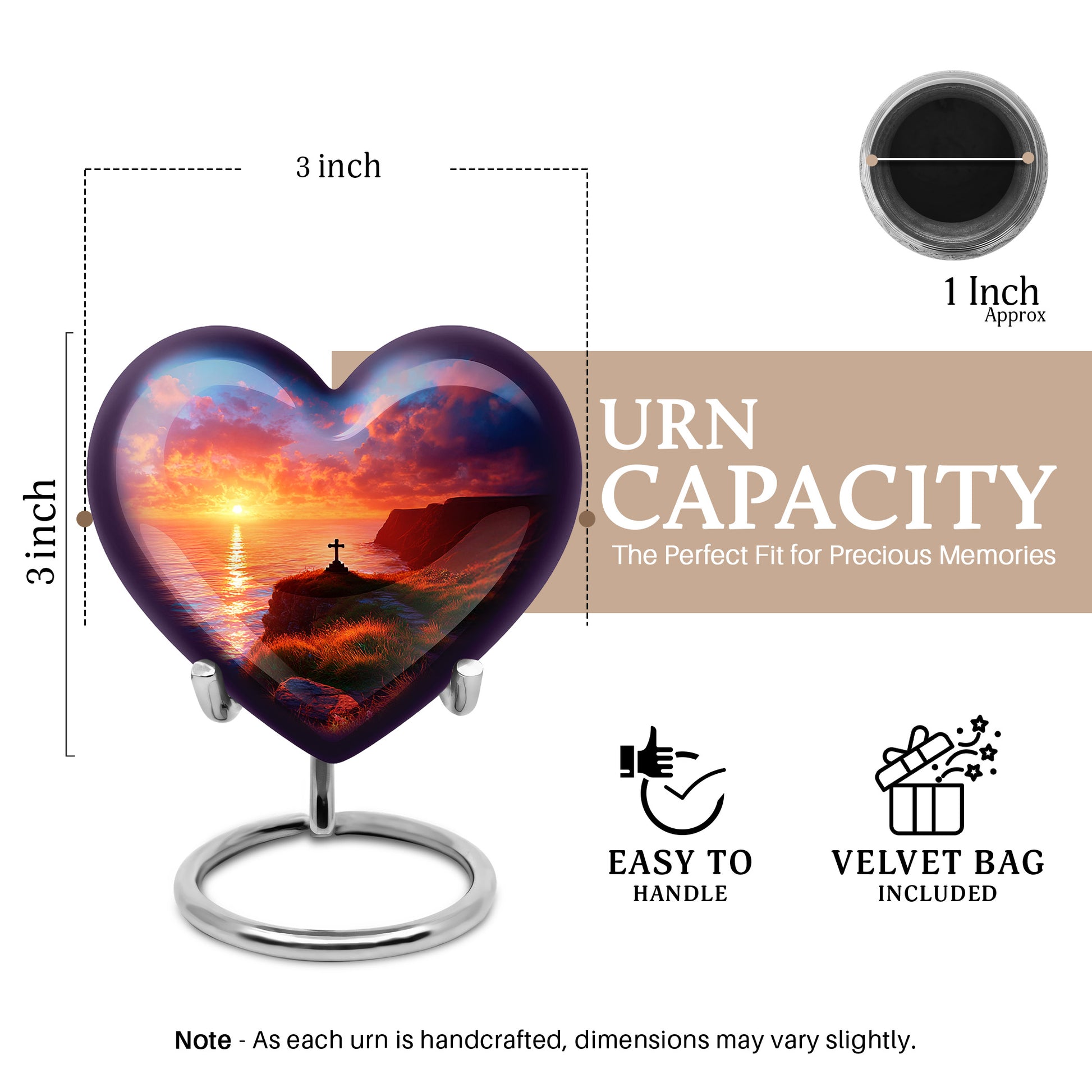 Indigo Cross Cremation Urn front view showing detailed design - loving heart memorial featuring cross pattern - mini keepsake memorial for portion of cremation ashes