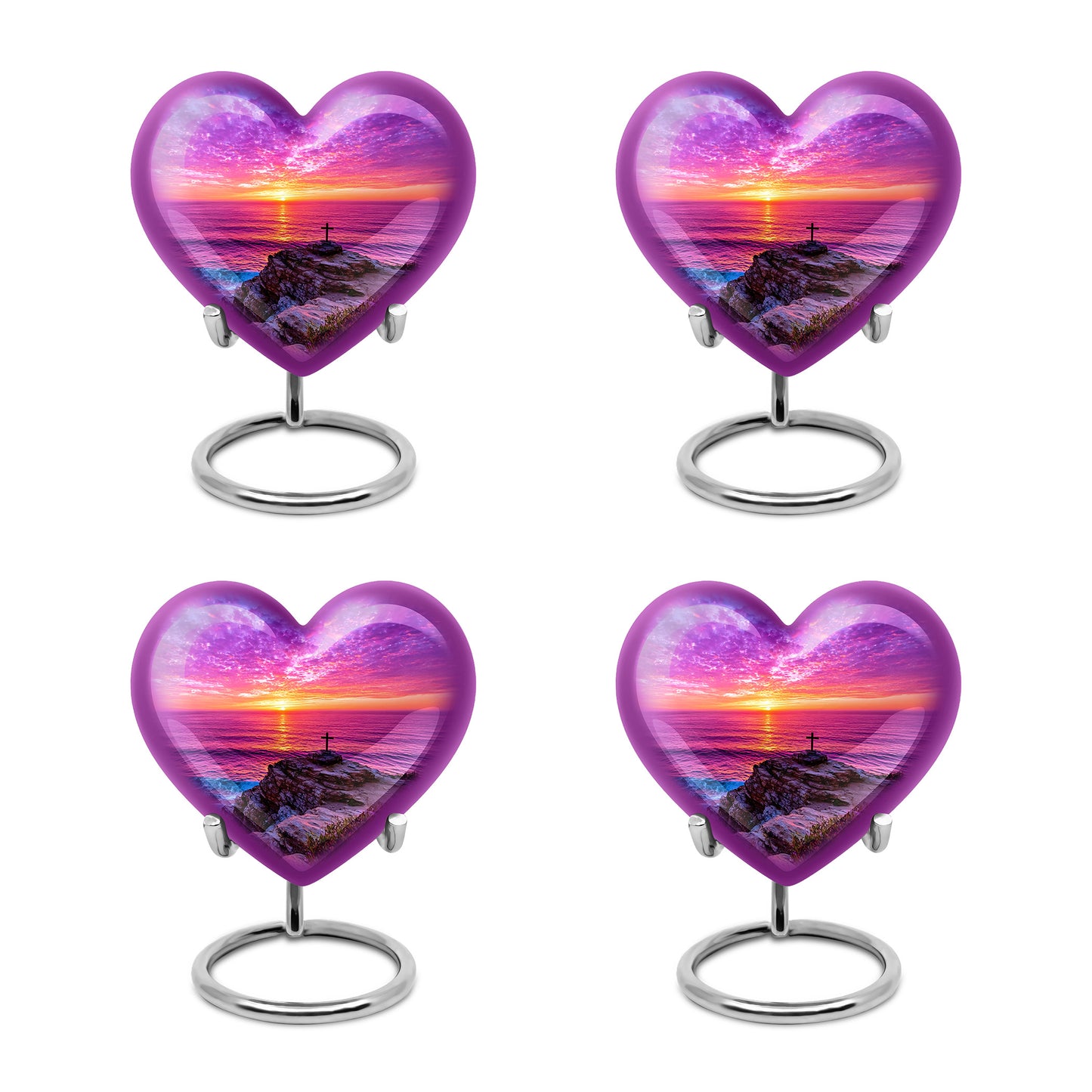 Misty Blue Cross Cremation Urn angled view of lid and engraved motif - heart-shaped cross design symbolizing eternal love - 10 inch aluminum urn for cremated remains