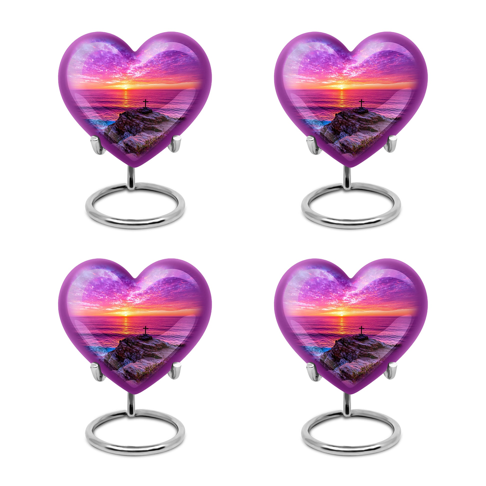 Misty Blue Cross Cremation Urn angled view of lid and engraved motif - heart-shaped cross design symbolizing eternal love - 10 inch aluminum urn for cremated remains