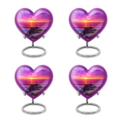 Misty Blue Cross Cremation Urn angled view of lid and engraved motif - heart-shaped cross design symbolizing eternal love - 10 inch aluminum urn for cremated remains