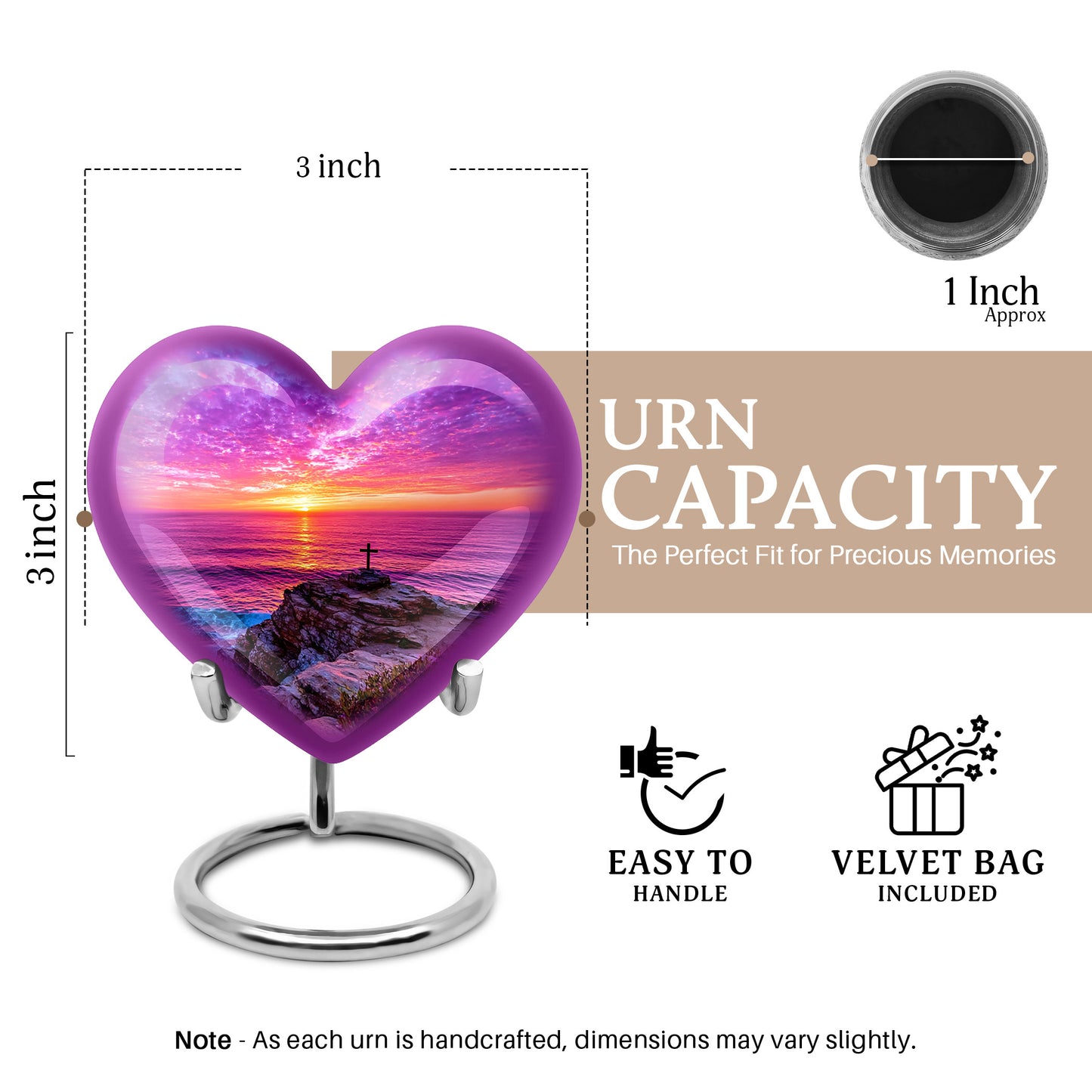 Calming Blue Cross Cremation Urn front view showing detailed design - romantic heart urn with cross motif on aluminum - mini keepsake memorial for portion of cremation ashes