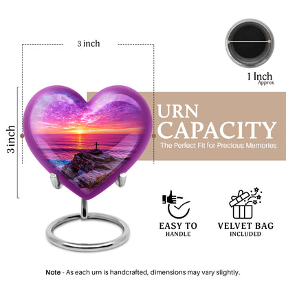 Calming Blue Cross Cremation Urn front view showing detailed design - romantic heart urn with cross motif on aluminum - mini keepsake memorial for portion of cremation ashes
