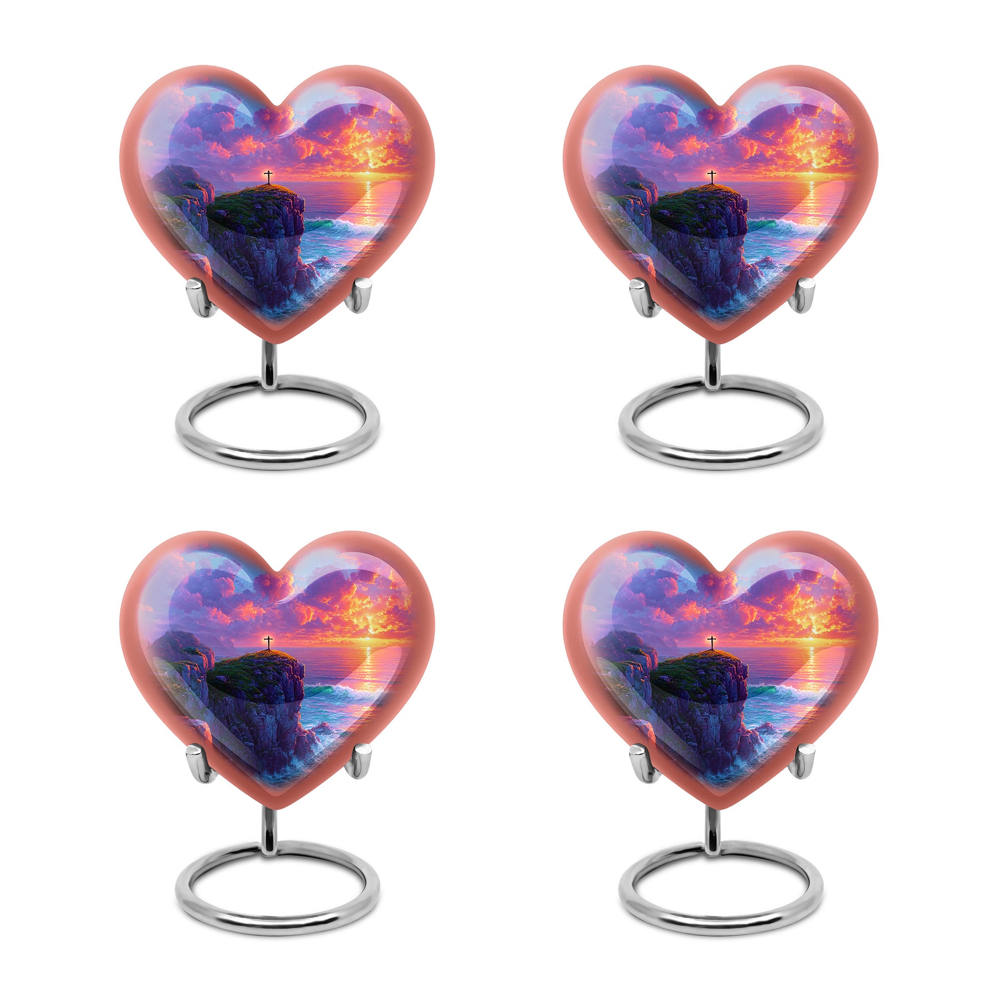 Calming Blue Cross Cremation Urn angled view of lid and engraved motif - compassionate heart-cross combination with gentle curves - 10 inch aluminum urn for cremated remains