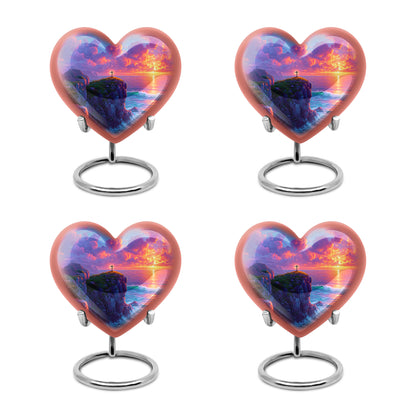 Calming Blue Cross Cremation Urn angled view of lid and engraved motif - compassionate heart-cross combination with gentle curves - 10 inch aluminum urn for cremated remains