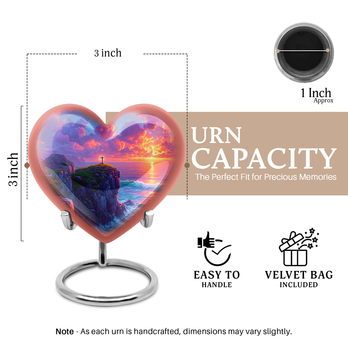 Indigo Cross Cremation Urn front view showing detailed design - heart-shaped cross design symbolizing eternal love - mini keepsake memorial for portion of cremation ashes