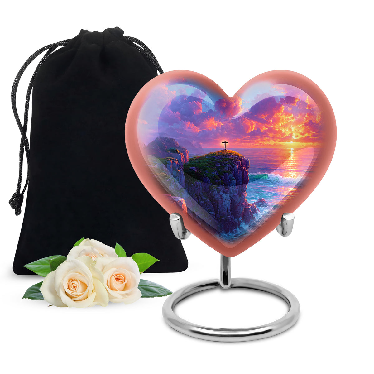 Soft Blue Cross Cremation Urn detail view - romantic heart urn with cross motif on aluminum - full-size 10 inch 200 cubic inch adult cremation urn