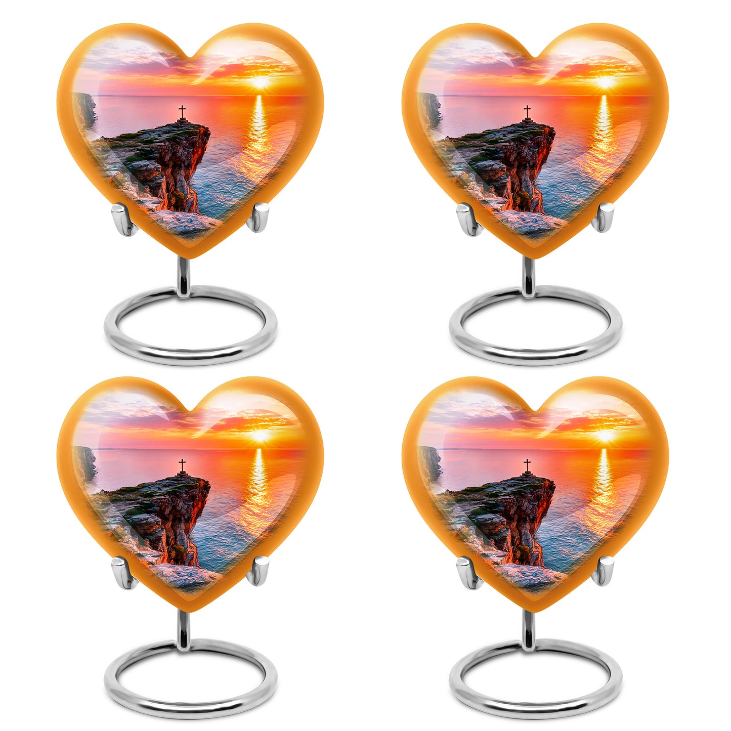 Chrome Silver Cross Cremation Urn angled view of lid and engraved motif - compassionate heart-cross combination with gentle curves - 10 inch aluminum urn for cremated remains