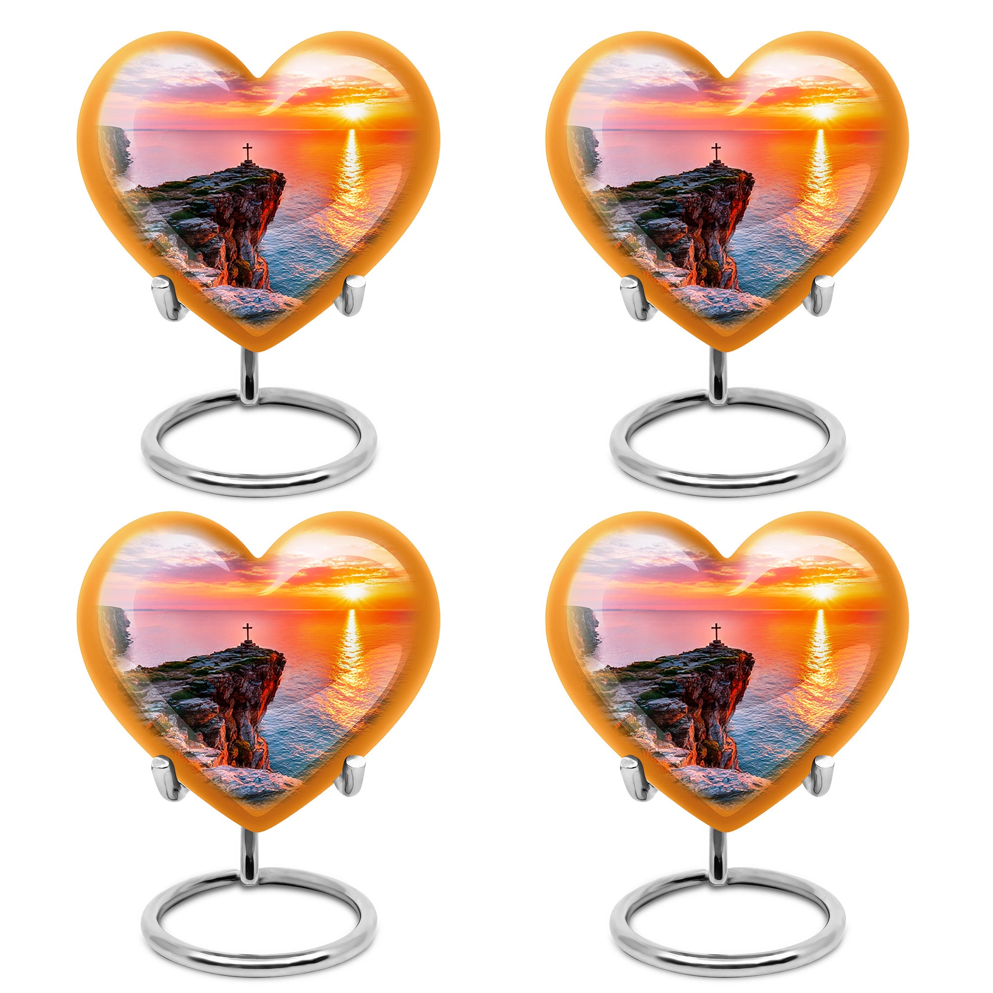 Chrome Silver Cross Cremation Urn angled view of lid and engraved motif - compassionate heart-cross combination with gentle curves - 10 inch aluminum urn for cremated remains