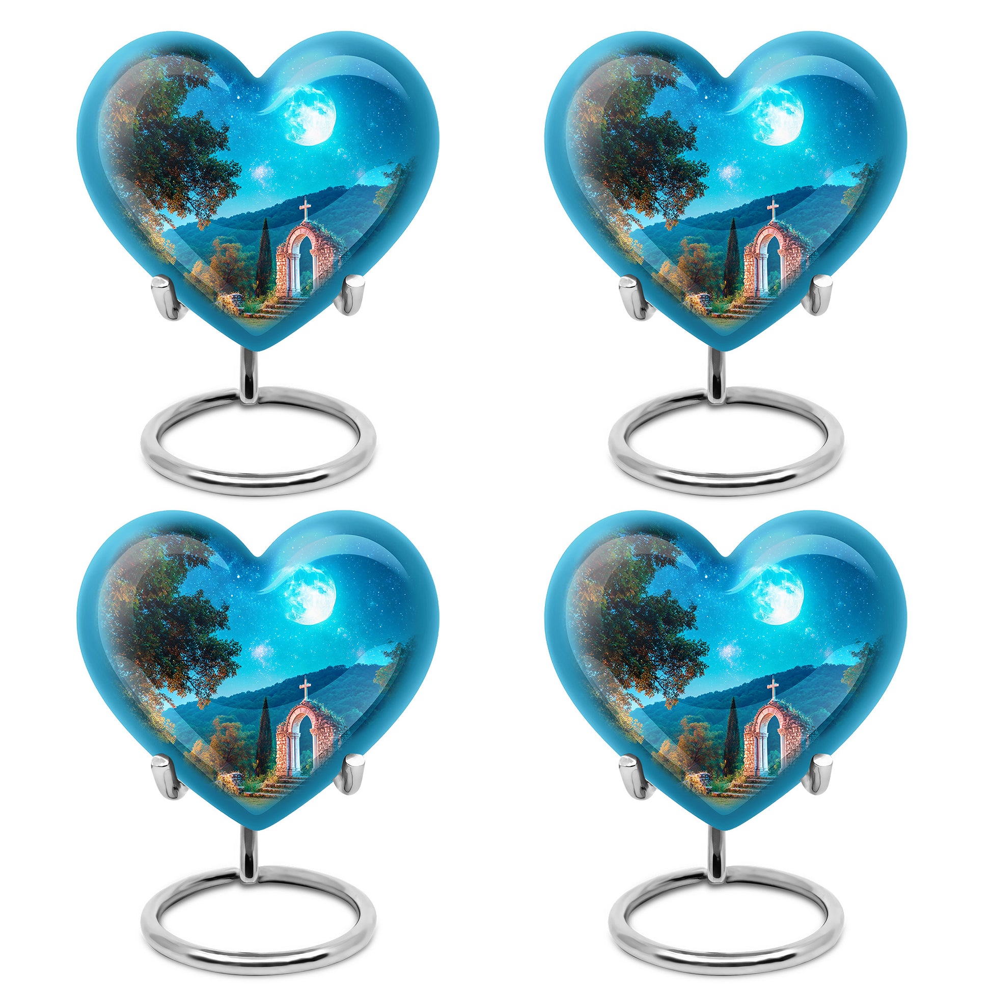Twilight Blue Cross Cremation Urn angled view of lid and engraved motif - compassionate heart-cross combination with gentle curves - 10 inch aluminum urn for cremated remains