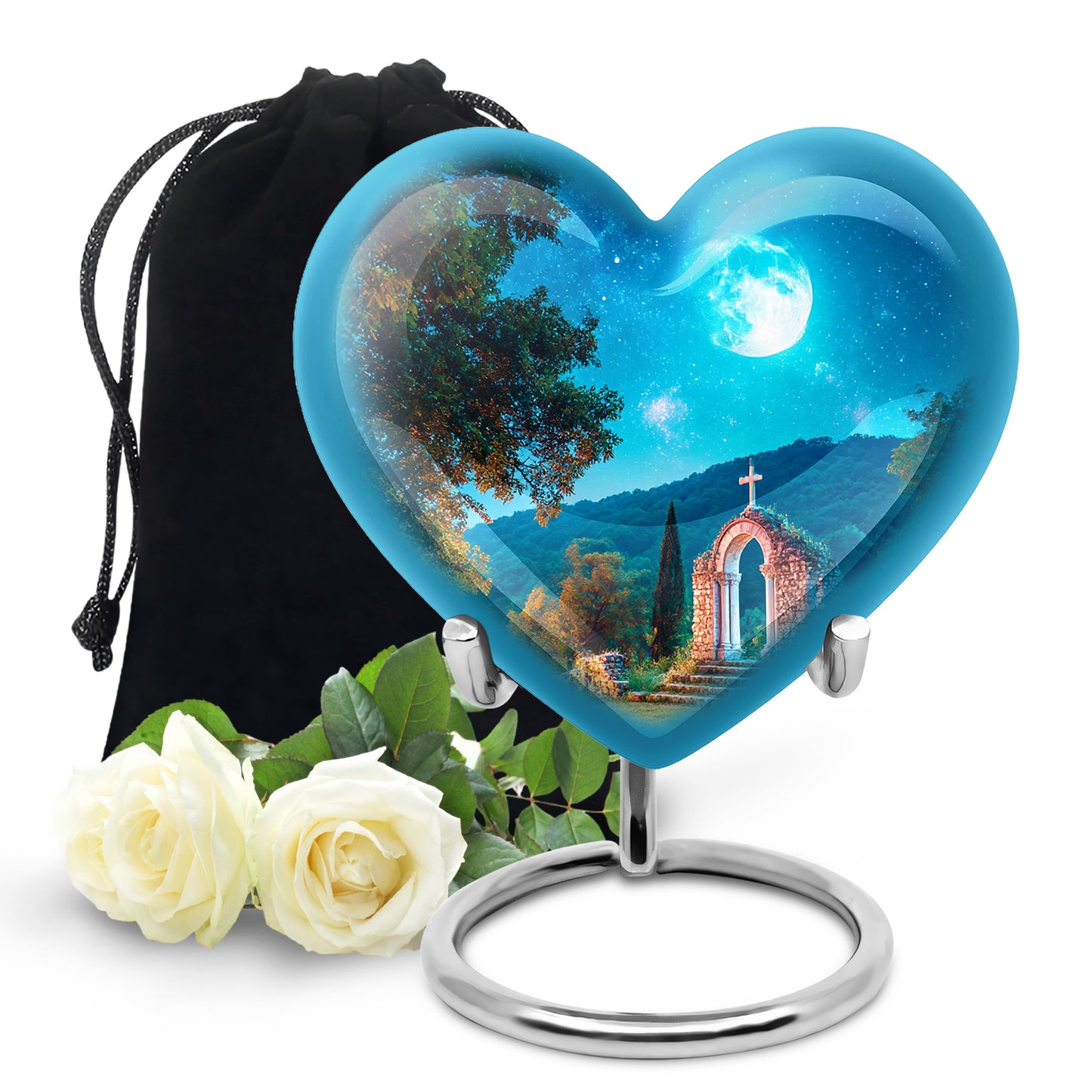 Powder Blue Cross Cremation Urn detail view - loving heart memorial featuring cross pattern - full-size 10 inch 200 cubic inch adult cremation urn