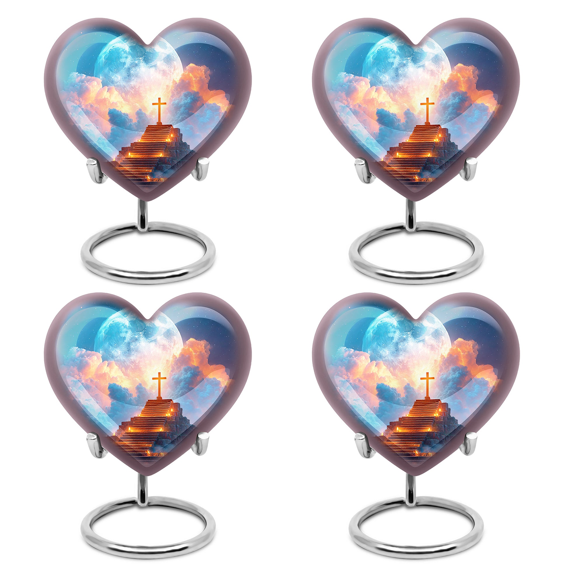 Powder Blue Cross Cremation Urn angled view of lid and engraved motif - heart-shaped cross design symbolizing eternal love - 10 inch aluminum urn for cremated remains