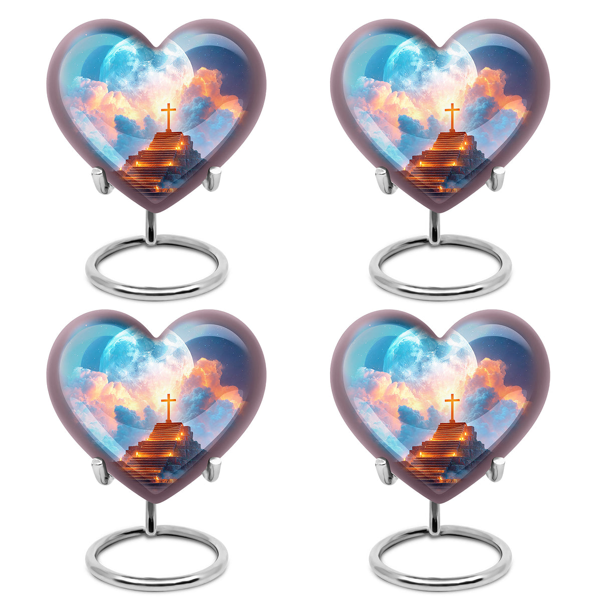 Powder Blue Cross Cremation Urn angled view of lid and engraved motif - heart-shaped cross design symbolizing eternal love - 10 inch aluminum urn for cremated remains
