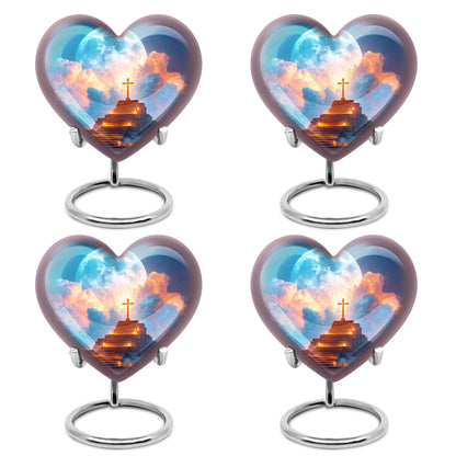 Powder Blue Cross Cremation Urn angled view of lid and engraved motif - heart-shaped cross design symbolizing eternal love - 10 inch aluminum urn for cremated remains