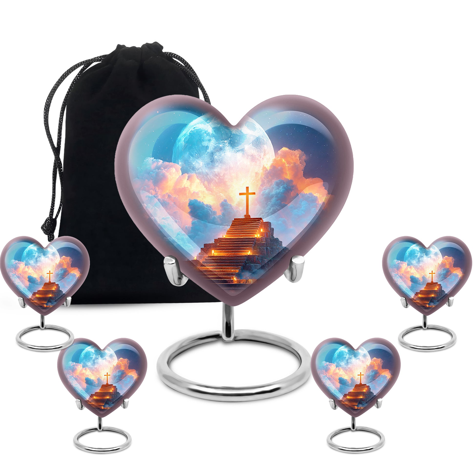 Sapphire Blue Cross Cremation Urn close-up of engraving and surface detail - romantic heart urn with cross motif on aluminum - memorial set with one large and four small urns
