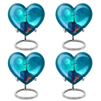Sapphire Blue Cross Cremation Urn angled view of lid and engraved motif - compassionate heart-cross combination with gentle curves - 10 inch aluminum urn for cremated remains