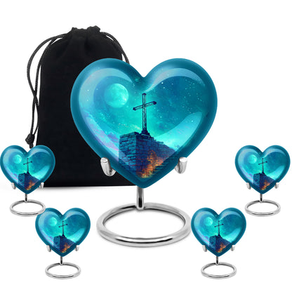 Sky Blue Cross Cremation Urn close-up of engraving and surface detail - loving heart memorial featuring cross pattern - memorial set with one large and four small urns