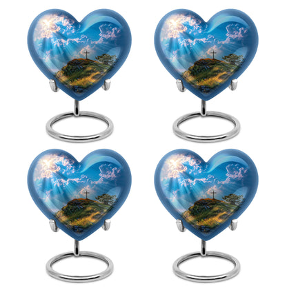 Misty Blue Cross Cremation Urn angled view of lid and engraved motif - loving heart memorial featuring cross pattern - 10 inch aluminum urn for cremated remains