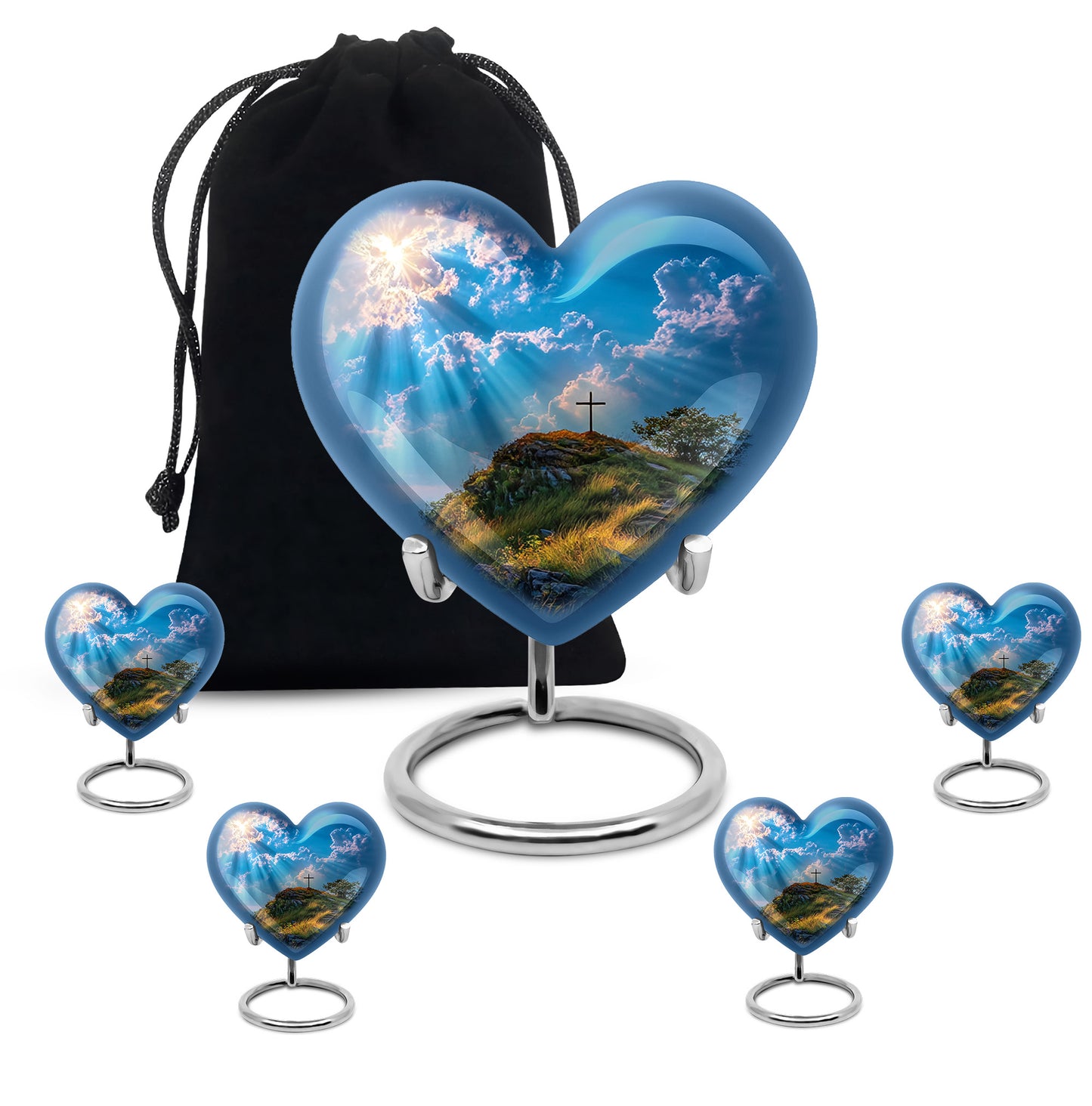 Bright Blue Cross Cremation Urn close-up of engraving and surface detail - romantic heart urn with cross motif on aluminum - memorial set with one large and four small urns