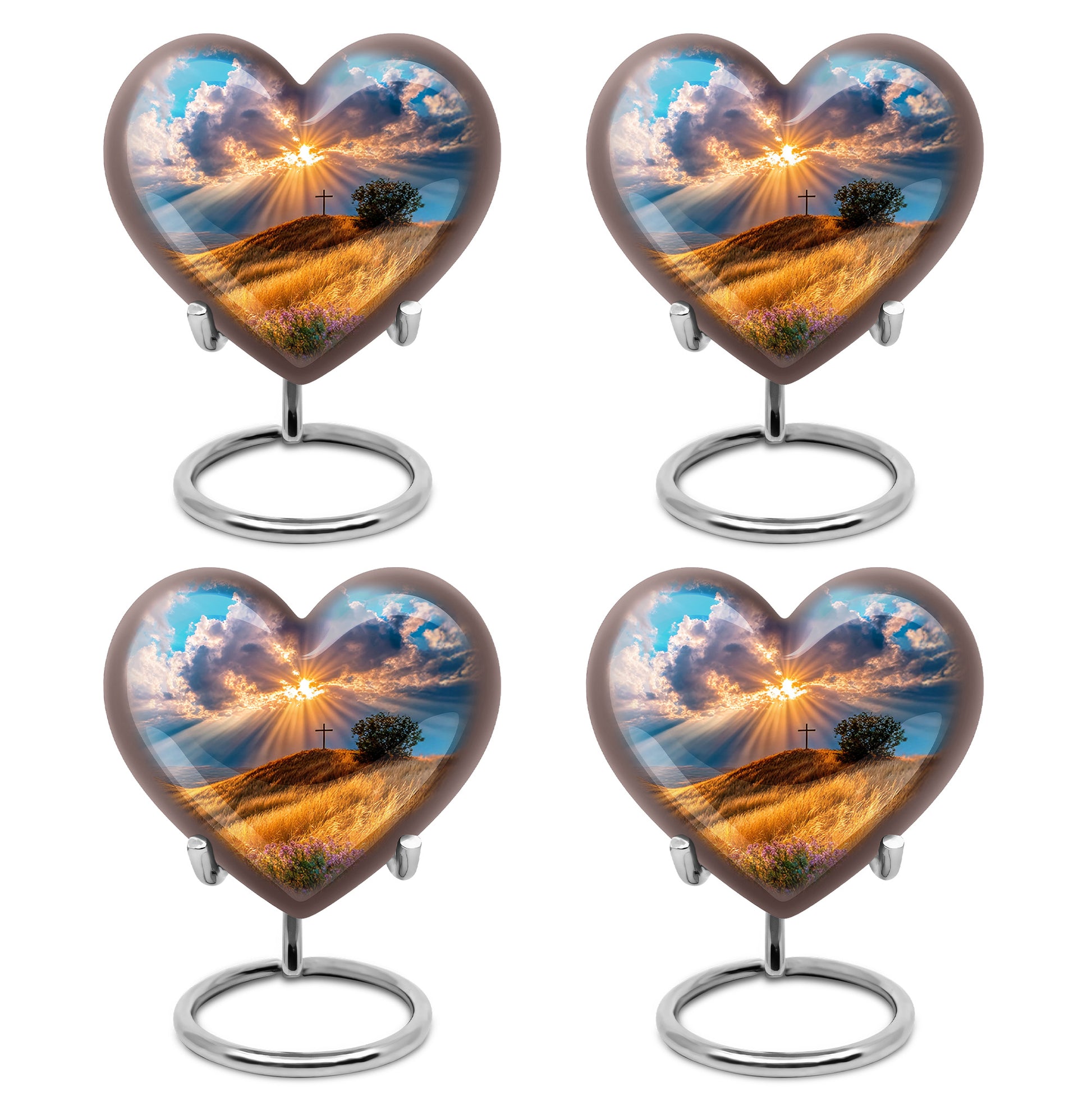 Sky Blue Cross Cremation Urn angled view of lid and engraved motif - loving heart memorial featuring cross pattern - 10 inch aluminum urn for cremated remains