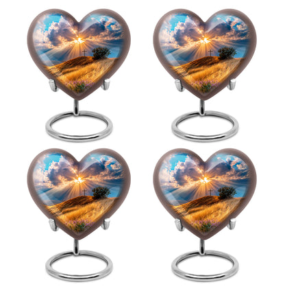 Sky Blue Cross Cremation Urn angled view of lid and engraved motif - loving heart memorial featuring cross pattern - 10 inch aluminum urn for cremated remains