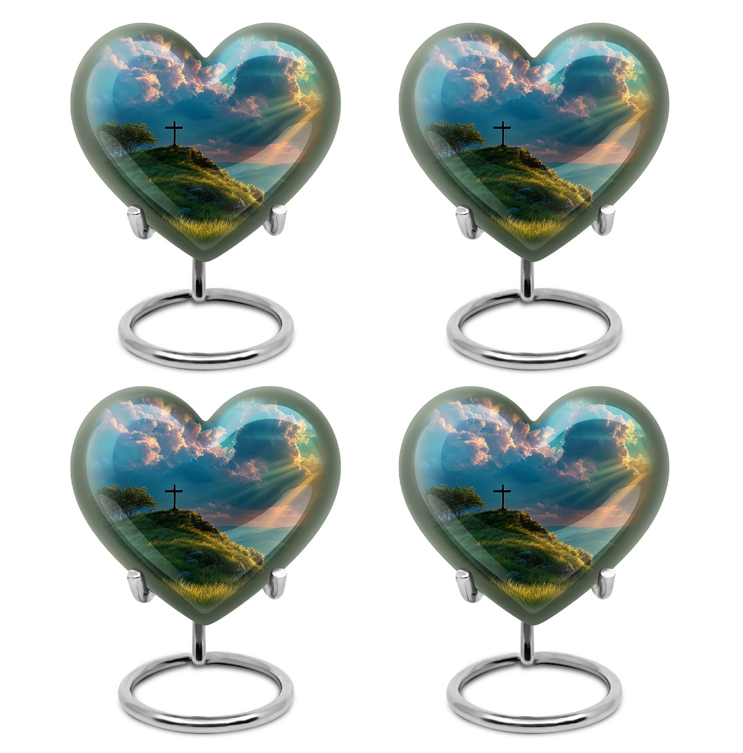 Sea Green Teal Cross Cremation Urn angled view of lid and engraved motif - heart-shaped cross design symbolizing eternal love - 10 inch aluminum urn for cremated remains
