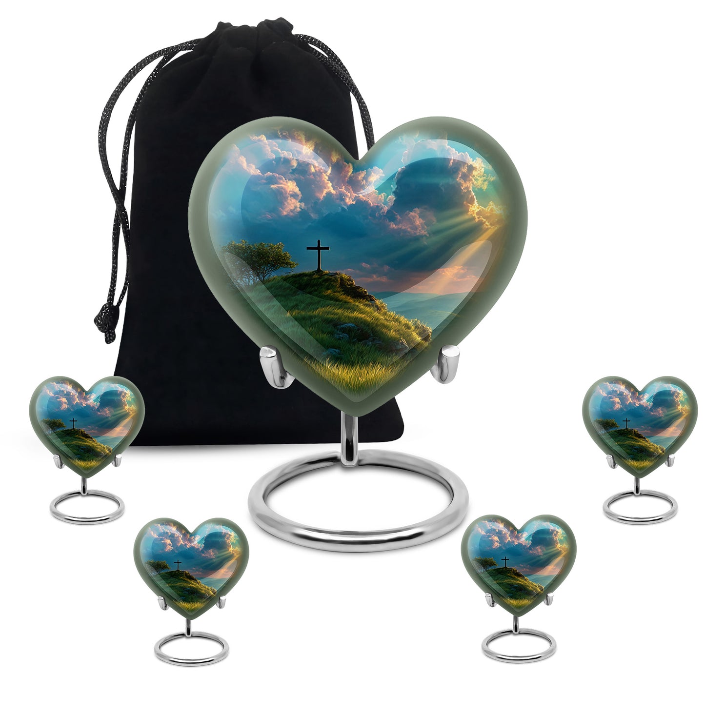Aqua Teal Cross Cremation Urn close-up of engraving and surface detail - romantic heart urn with cross motif on aluminum - memorial set with one large and four small urns
