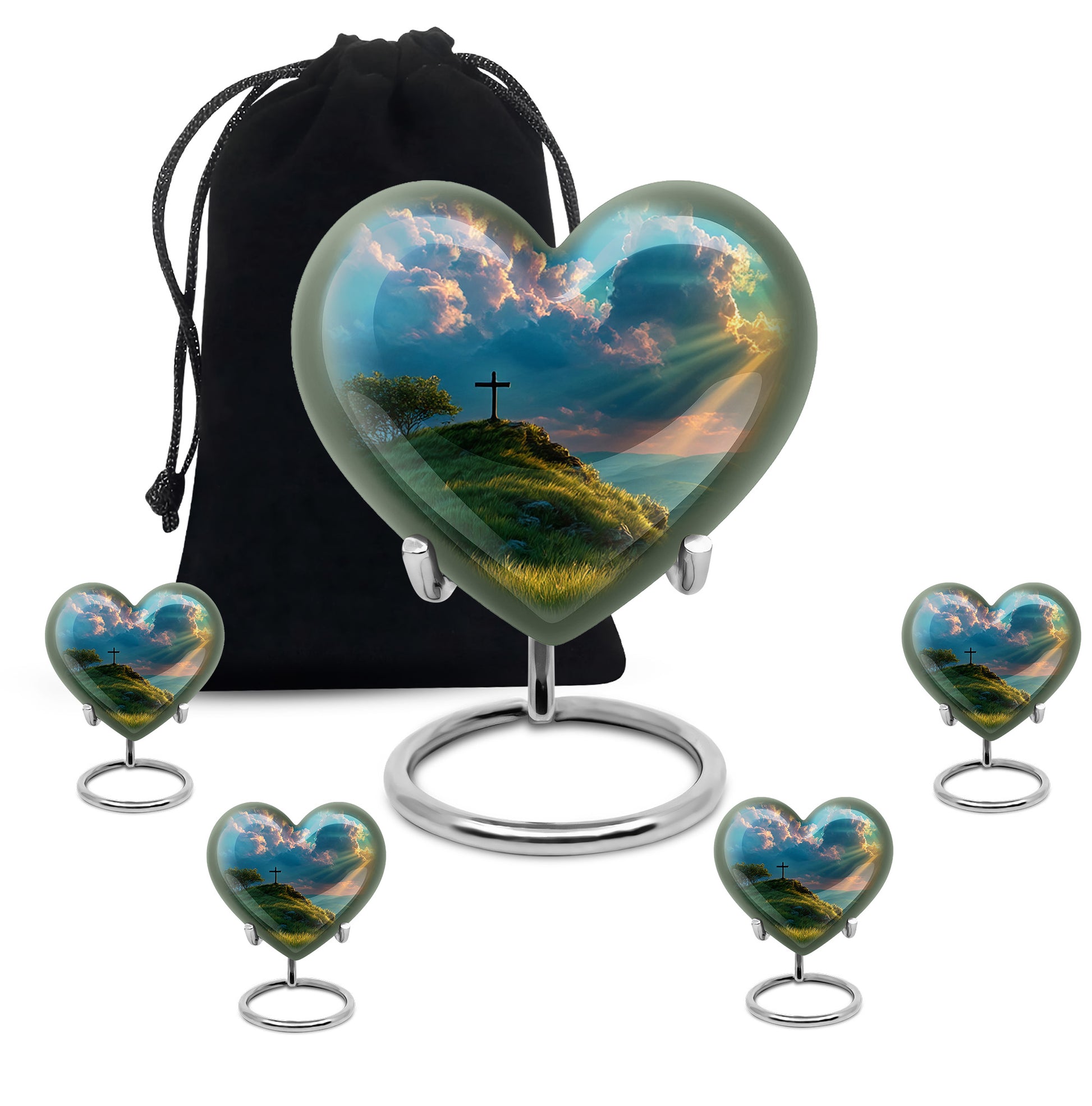Aqua Teal Cross Cremation Urn close-up of engraving and surface detail - romantic heart urn with cross motif on aluminum - memorial set with one large and four small urns