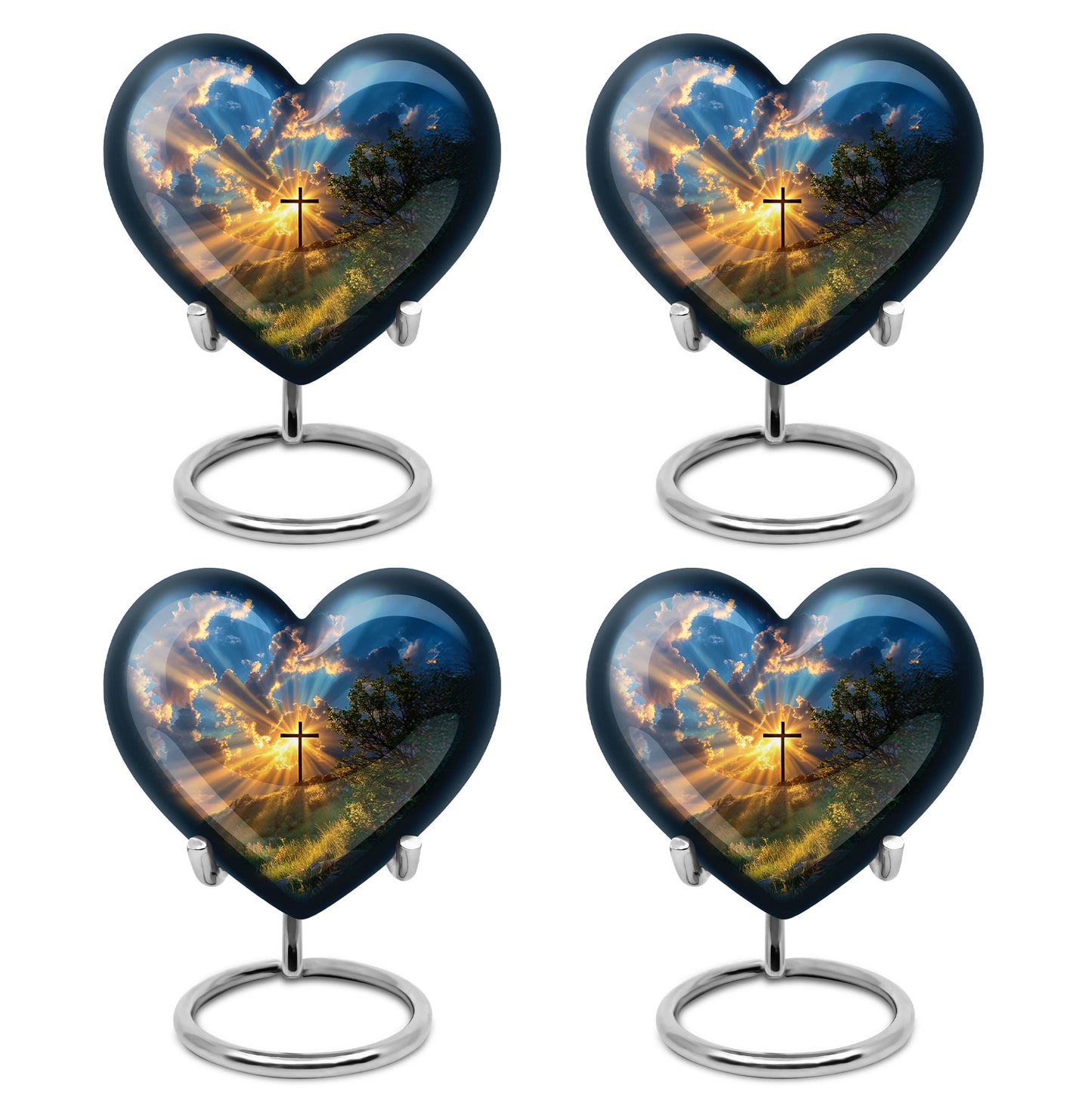 Vivid Blue Cross Cremation Urn angled view of lid and engraved motif - compassionate heart-cross combination with gentle curves - 10 inch aluminum urn for cremated remains