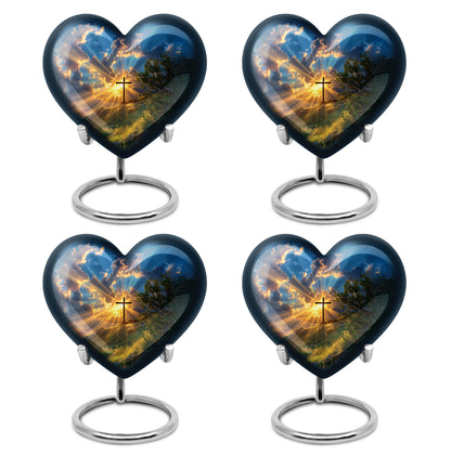 Vivid Blue Cross Cremation Urn angled view of lid and engraved motif - compassionate heart-cross combination with gentle curves - 10 inch aluminum urn for cremated remains