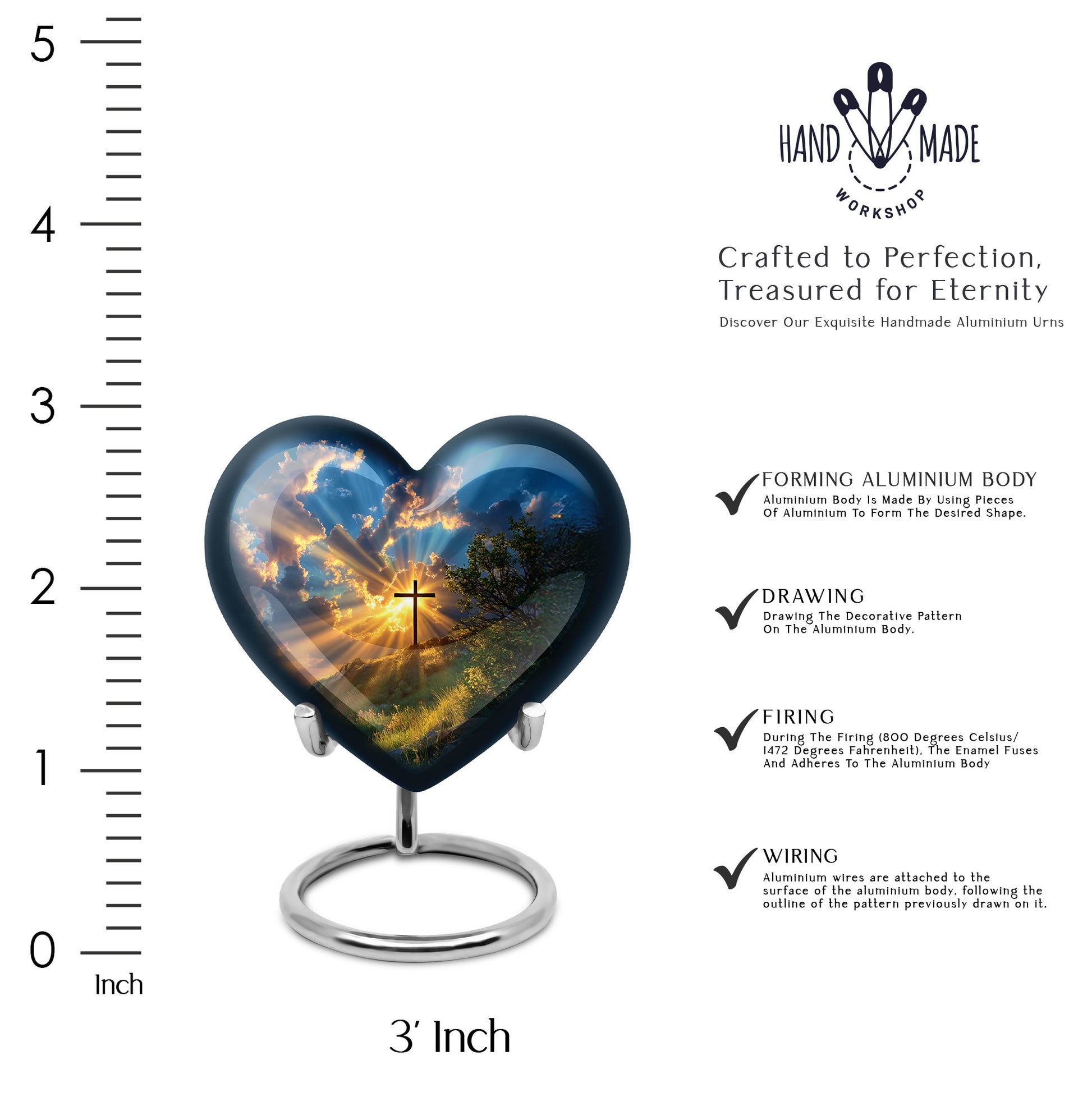Sapphire Blue Cross Cremation Urn front view showing detailed design - romantic heart urn with cross motif on aluminum - mini keepsake memorial for portion of cremation ashes