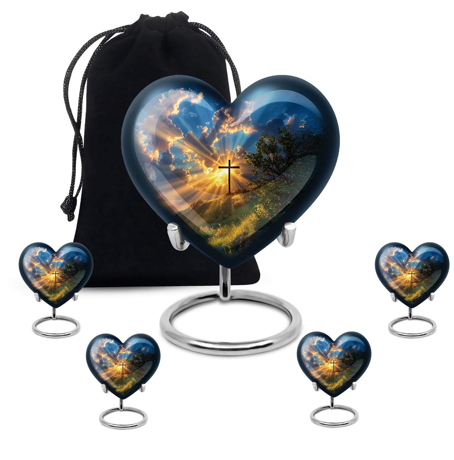 Sapphire Blue Cross Cremation Urn close-up of engraving and surface detail - romantic heart urn with cross motif on aluminum - memorial set with one large and four small urns