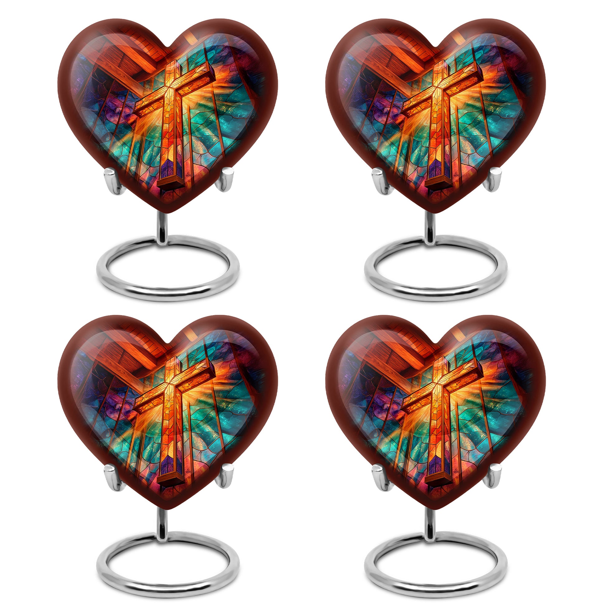 Deep Red Cross Cremation Urn angled view of lid and engraved motif - heart-shaped cross design symbolizing eternal love - 10 inch aluminum urn for cremated remains