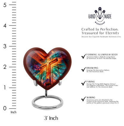 Scarlet Red Cross Cremation Urn front view showing detailed design - compassionate heart-cross combination with gentle curves - mini keepsake memorial for portion of cremation ashes